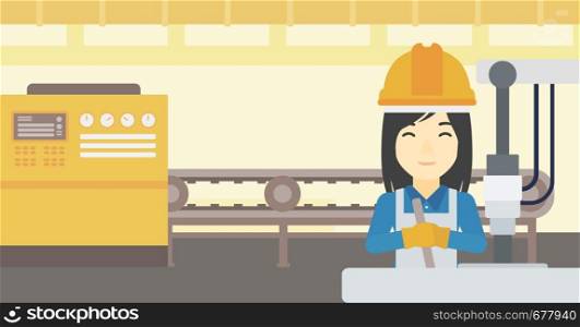 An asian woman working on industrial drilling machine. Woman using drilling machine at manufactory. Metalworker drilling at workplace. Vector flat design illustration. Horizontal layout.. Woman working on industrial drilling machine.