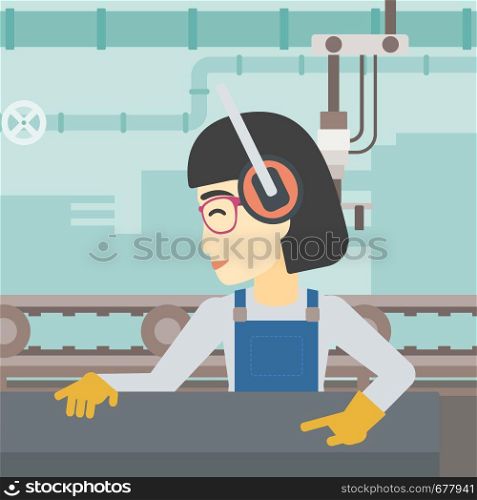An asian woman working on metal press machine. Worker in headphones operating metal press machine at workshop. Woman using press machine. Vector flat design illustration. Square layout.. Woman working on metal press machine.