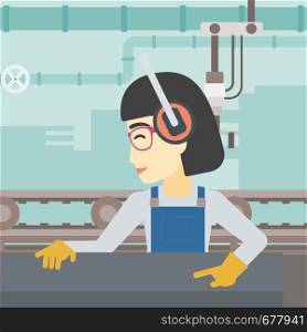 An asian woman working on metal press machine. Worker in headphones operating metal press machine at workshop. Woman using press machine. Vector flat design illustration. Square layout.. Woman working on metal press machine.