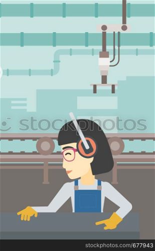 An asian woman working on metal press machine. Worker in headphones operating metal press machine at workshop. Woman using press machine. Vector flat design illustration. Vertical layout.. Woman working on metal press machine.