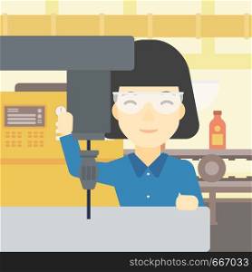An asian woman working on milling machine at workshop. Woman using milling machine at factory. Woman making a hole using a milling machine. Vector flat design illustration. Square layout.. Woman working on milling machine.