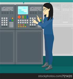 An asian woman working with control panel at factory workshop vector flat design illustration. Square layout.. Engineer standing near control panel.