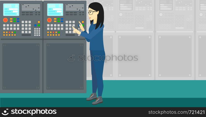 An asian woman working with control panel at factory workshop vector flat design illustration. Horizontal layout.. Engineer standing near control panel.