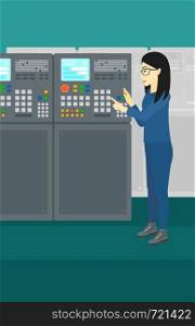 An asian woman working with control panel at factory workshop vector flat design illustration. Vertical layout.. Engineer standing near control panel.