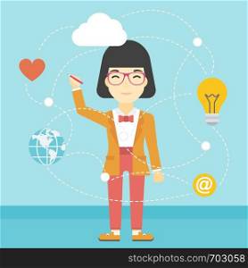 An asian woman writing on a virtual screen. Business woman drawing a cloud computing diagram on a virtual screen. Cloud computing concept. Vector flat design illustration. Square layout.. Business woman and cloud computing.