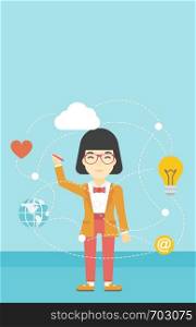 An asian woman writing on a virtual screen. Business woman drawing a cloud computing diagram on a virtual screen. Cloud computing concept. Vector flat design illustration. Vertical layout.. Business woman and cloud computing.