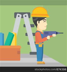 An asian worker drilling a hole in the wall. A man in overalls and hard hat working with hammer drill. Vector flat design illustration. Square layout.. Constructor with perforator.
