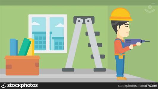 An asian worker drilling a hole in the wall. A man in overalls and hard hat working with hammer drill. Vector flat design illustration. Horizontal layout.. Constructor with perforator.