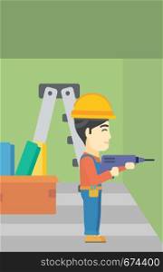 An asian worker drilling a hole in the wall. A man in overalls and hard hat working with hammer drill. Vector flat design illustration. Vertical layout.. Constructor with perforator.