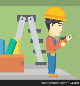 An asian worker hammering a nail into the wall. Worker in overalls and hard hat nailing with hammer in apartment. Vector flat design illustration. Square layout.. Constructor hammering nail.