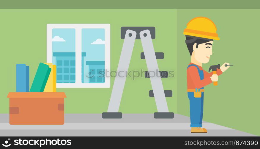 An asian worker hammering a nail into the wall. Worker in overalls and hard hat nailing with hammer in apartment. Vector flat design illustration. Horizontal layout.. Constructor hammering nail.