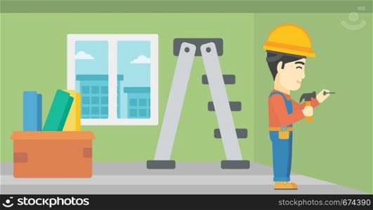 An asian worker hammering a nail into the wall. Worker in overalls and hard hat nailing with hammer in apartment. Vector flat design illustration. Horizontal layout.. Constructor hammering nail.