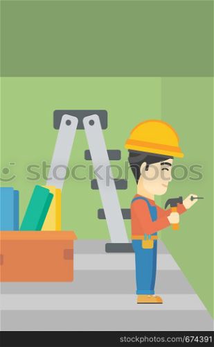An asian worker hammering a nail into the wall. Worker in overalls and hard hat nailing with hammer in apartment. Vector flat design illustration. Vertical layout.. Constructor hammering nail.