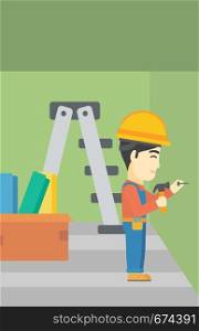 An asian worker hammering a nail into the wall. Worker in overalls and hard hat nailing with hammer in apartment. Vector flat design illustration. Vertical layout.. Constructor hammering nail.
