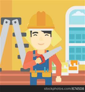 An asian worker holding a saw in hand. A man in overalls and hard hat with saw in apartment. Vector flat design illustration. Square layout.. Smiling worker with saw.