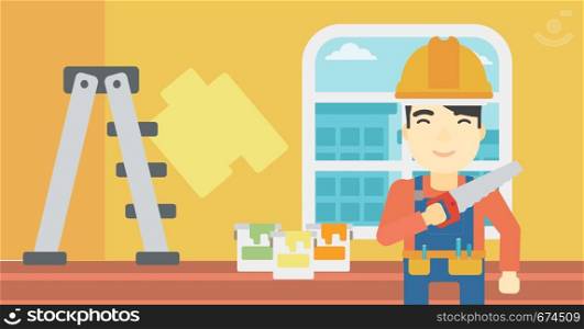 An asian worker holding a saw in hand. A man in overalls and hard hat with saw in apartment. Vector flat design illustration. Horizontal layout.. Smiling worker with saw.