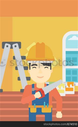 An asian worker holding a saw in hand. A man in overalls and hard hat with saw in apartment. Vector flat design illustration. Vertical layout.. Smiling worker with saw.