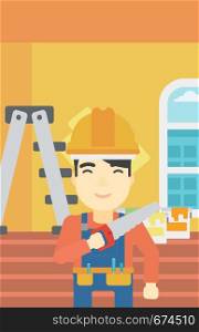 An asian worker holding a saw in hand. A man in overalls and hard hat with saw in apartment. Vector flat design illustration. Vertical layout.. Smiling worker with saw.