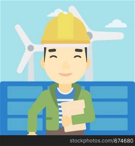 An asian worker of solar power plant and wind farm. Man with folder on background of solar panel and wind turbine. Green energy concept. Vector flat design illustration. Square layout.. Male worker of solar power plant and wind farm.