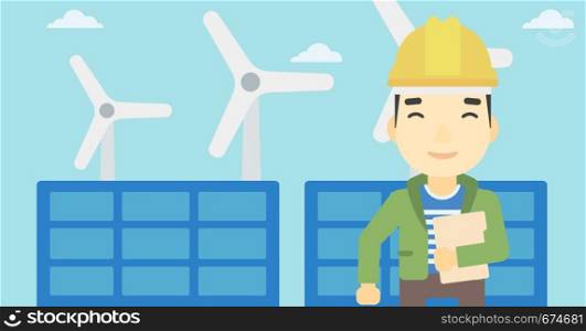 An asian worker of solar power plant and wind farm. Man with folder on background of solar panel and wind turbine. Green energy concept. Vector flat design illustration. Horizontal layout.. Male worker of solar power plant and wind farm.