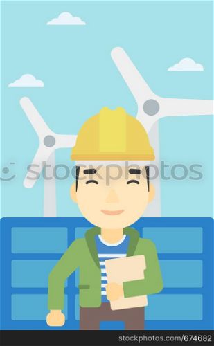 An asian worker of solar power plant and wind farm. Man with folder on background of solar panel and wind turbine. Green energy concept. Vector flat design illustration. Vertical layout.. Male worker of solar power plant and wind farm.