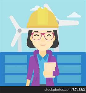 An asian worker of solar power plant and wind farm. Woman with folder on background of solar panel and wind turbine. Green energy concept. Vector flat design illustration. Square layout.. Female worker of solar power plant and wind farm.