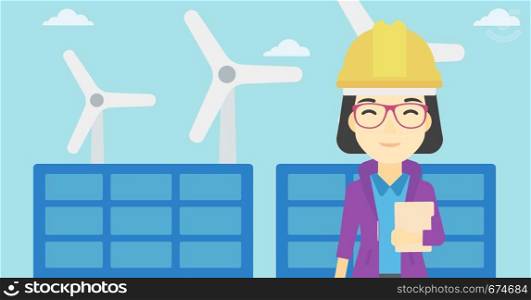 An asian worker of solar power plant and wind farm. Woman with folder on background of solar panel and wind turbine. Green energy concept. Vector flat design illustration. Horizontal layout.. Female worker of solar power plant and wind farm.