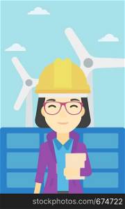 An asian worker of solar power plant and wind farm. Woman with folder on background of solar panel and wind turbine. Green energy concept. Vector flat design illustration. Vertical layout.. Female worker of solar power plant and wind farm.