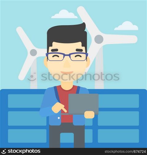 An asian worker of solar power plant and wind farm. Man working on laptop on a background of solar power plant and wind turbines. Vector flat design illustration. Square layout.. Man checking solar panels and wind turbines.
