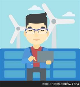 An asian worker of solar power plant and wind farm. Man working on laptop on a background of solar power plant and wind turbines. Vector flat design illustration. Square layout.. Man checking solar panels and wind turbines.