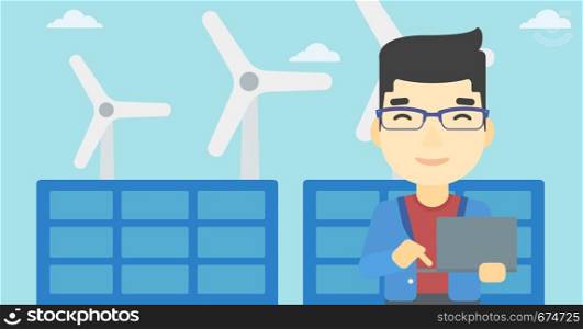 An asian worker of solar power plant and wind farm. Man working on laptop on a background of solar power plant and wind turbines. Vector flat design illustration. Horizontal layout.. Man checking solar panels and wind turbines.