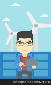 An asian worker of solar power plant and wind farm. Man working on laptop on a background of solar power plant and wind turbines. Vector flat design illustration. Vertical layout.. Man checking solar panels and wind turbines.