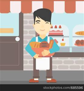 An asian young baker holding basket with bakery products. Baker standing in front of bakery. Baker with bowl full of bread. Vector flat design illustration. Square layout.. Baker holding basket with bakery products.