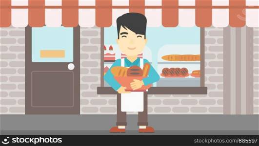 An asian young baker holding basket with bakery products. Baker standing in front of bakery. Baker with bowl full of bread. Vector flat design illustration. Horizontal layout.. Baker holding basket with bakery products.