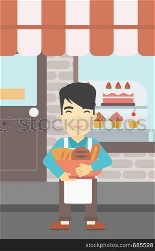 An asian young baker holding basket with bakery products. Baker standing in front of bakery. Baker with bowl full of bread. Vector flat design illustration. Vertical layout.. Baker holding basket with bakery products.