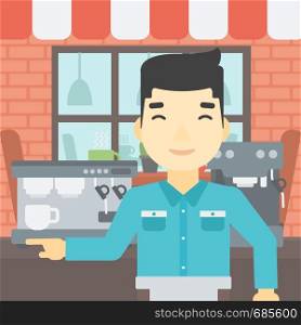 An asian young barista sanding in front of coffee machine. Barista at coffee shop. Professional barista making a cup of coffee. Vector flat design illustration. Square layout.. Barista standing near coffee machine.
