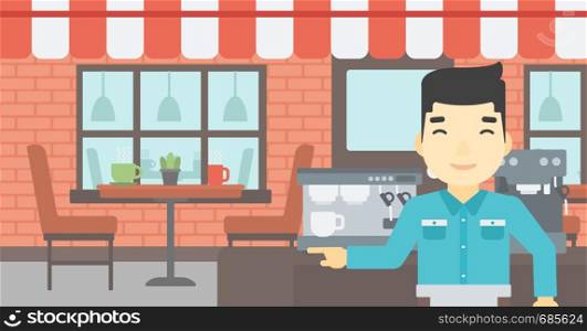 An asian young barista sanding in front of coffee machine. Barista at coffee shop. Professional barista making a cup of coffee. Vector flat design illustration. Horizontal layout.. Barista standing near coffee machine.