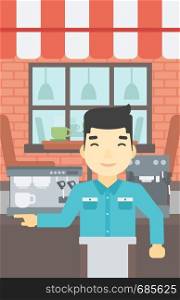 An asian young barista sanding in front of coffee machine. Barista at coffee shop. Professional barista making a cup of coffee. Vector flat design illustration. Vertical layout.. Barista standing near coffee machine.