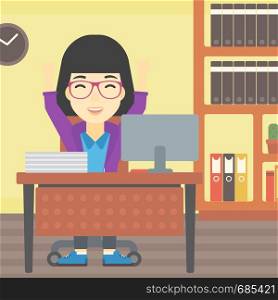 An asian young business woman celebrating with arms up while sitting at the table in office. Successful business concept. Vector flat design illustration. Square layout.. Successful business woman vector illustration.