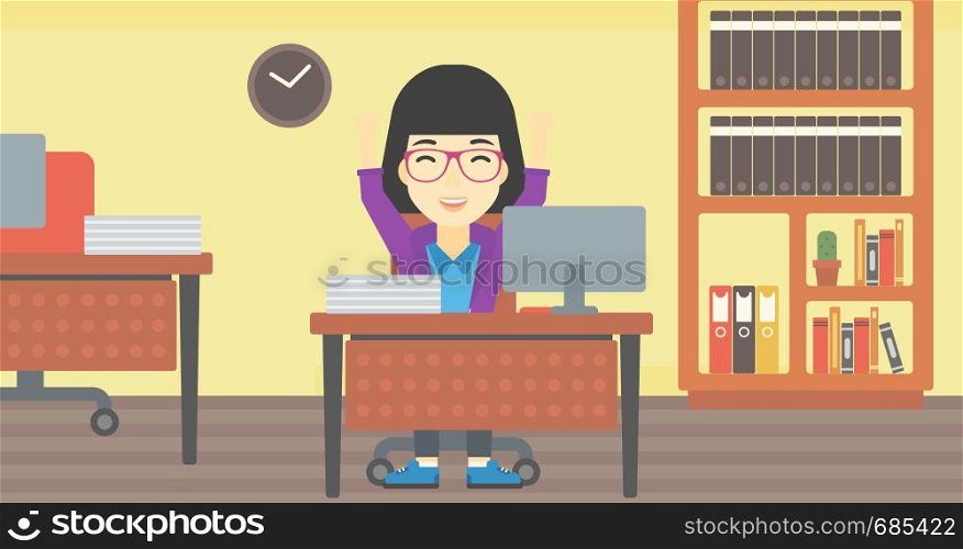 An asian young business woman celebrating with arms up while sitting at the table in office. Successful business concept. Vector flat design illustration. Horizontal layout.. Successful business woman vector illustration.