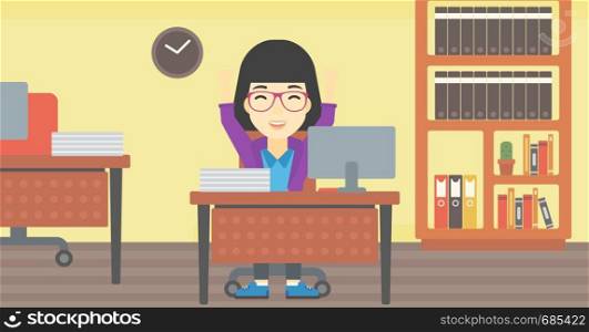 An asian young business woman celebrating with arms up while sitting at the table in office. Successful business concept. Vector flat design illustration. Horizontal layout.. Successful business woman vector illustration.