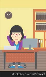 An asian young business woman celebrating with arms up while sitting at the table in office. Successful business concept. Vector flat design illustration. Vertical layout.. Successful business woman vector illustration.