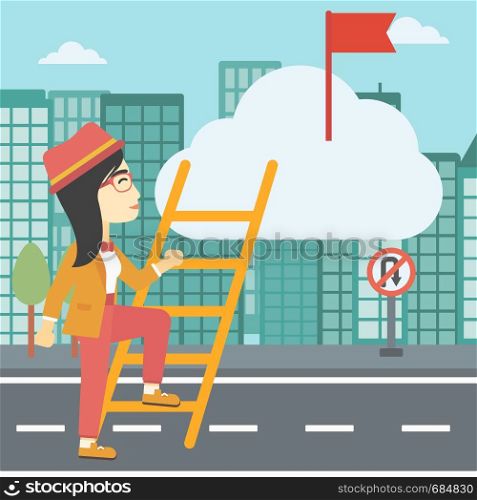 An asian young business woman climbing up the ladder to get the red flag on the top of the cloud on a city background. Vector flat design illustration. Square layout.. Leader business woman vector illustration.