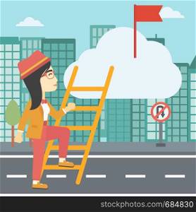 An asian young business woman climbing up the ladder to get the red flag on the top of the cloud on a city background. Vector flat design illustration. Square layout.. Leader business woman vector illustration.