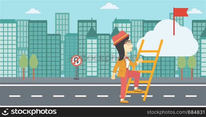 An asian young business woman climbing up the ladder to get the red flag on the top of the cloud on a city background. Vector flat design illustration. Horizontal layout.. Leader business woman vector illustration.