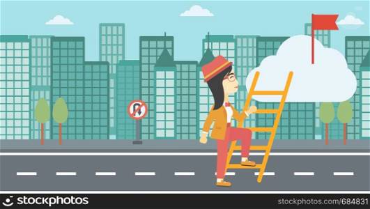 An asian young business woman climbing up the ladder to get the red flag on the top of the cloud on a city background. Vector flat design illustration. Horizontal layout.. Leader business woman vector illustration.