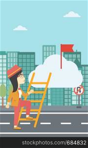 An asian young business woman climbing up the ladder to get the red flag on the top of the cloud on a city background. Vector flat design illustration. Vertical layout.. Leader business woman vector illustration.
