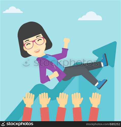 An asian young business woman get thrown into the air by coworkers during celebration. Successful business concept. Vector flat design illustration. Square layout.. Woman with arrows poinded to her head.