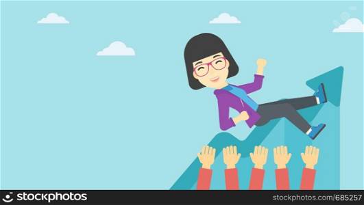 An asian young business woman get thrown into the air by coworkers during celebration. Successful business concept. Vector flat design illustration. Horizontal layout.. Woman with arrows poinded to her head.