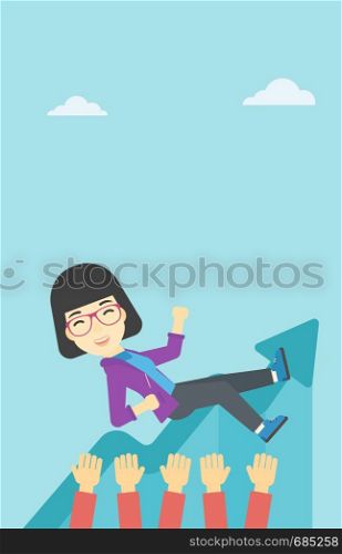 An asian young business woman get thrown into the air by coworkers during celebration. Successful business concept. Vector flat design illustration. Vertical layout.. Woman with arrows poinded to her head.